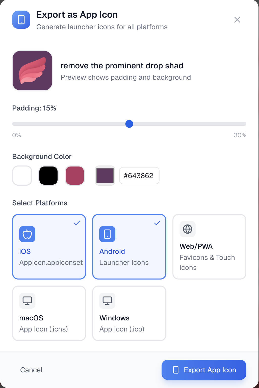 Export as App Icon dialog showing platform selection for iOS, Android, Web, macOS, and Windows